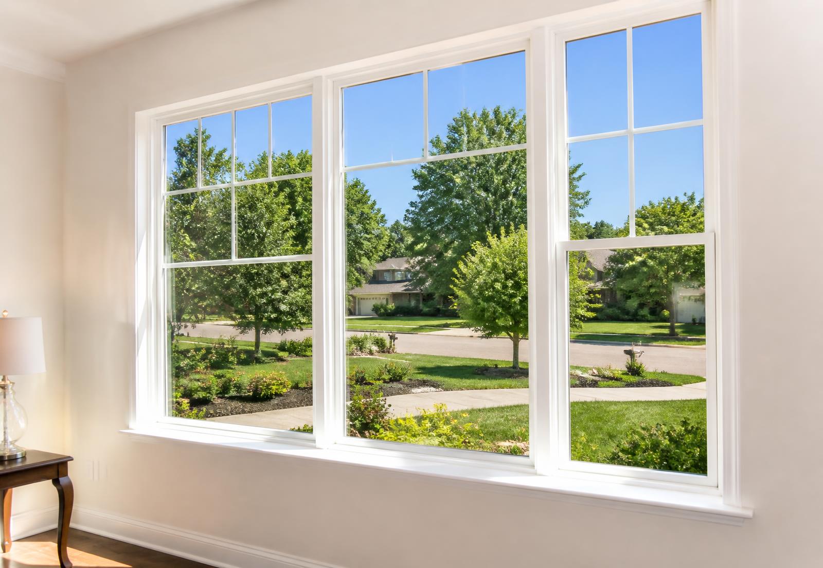 Sunlight streaming through spotless residential windows overlooking a green Ohio lawn